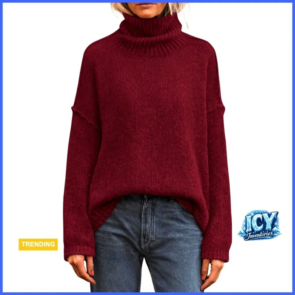 Oversized Turtleneck Pullover Sweater, Loose Fit Knit Top, Chunky Winter Warmth